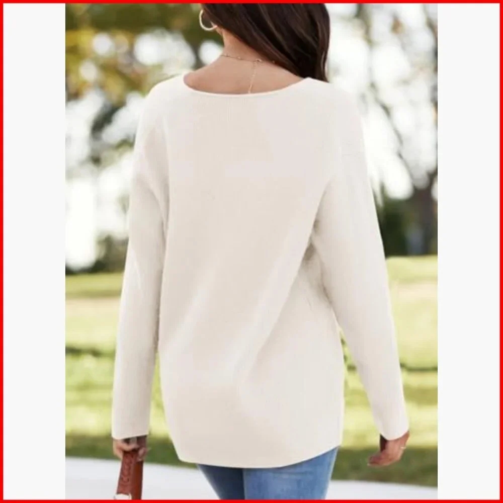 Oversized Deep V-Neck Pullover Sweater, Long Sleeve Waffle Knit Tunic - Picture 3 of 7